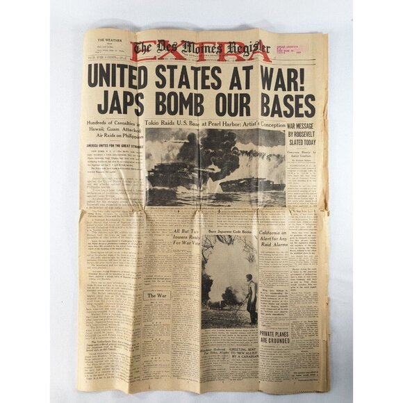 ORIGINAL! WWII Dec 8, 1941 newspaper Japan attacks Pearl Harbor, US DECLARE WAR! - Picture 3 of 16